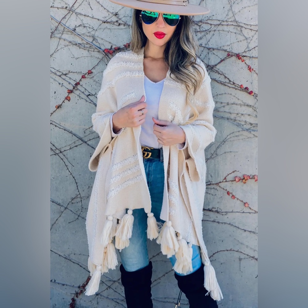 Elegant Cream Women's Poncho with Tassels
